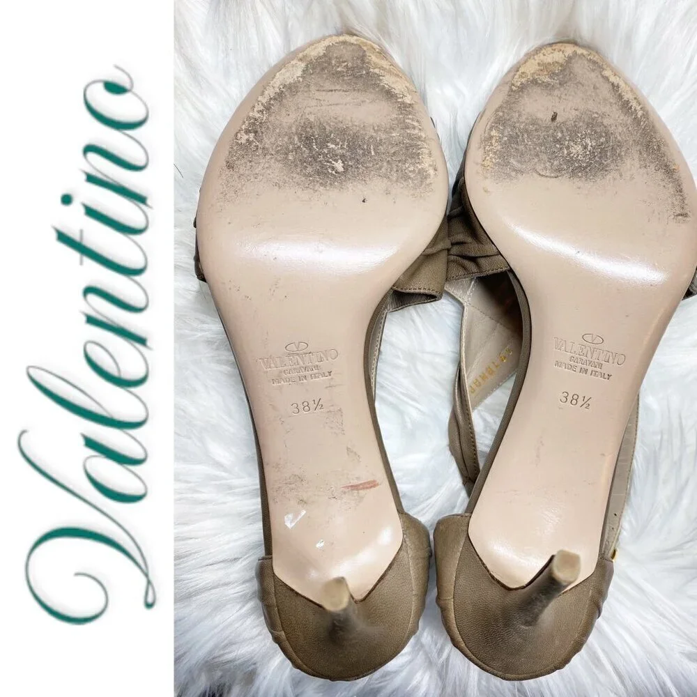 VALENTINO Vintage Taupe Leather Ruffle Accent Open Toe Stiletto Heels, Size 38.5